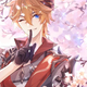 An illustration of Tartaglia "Childe" from Genshin Impact standing in front of blossoms.